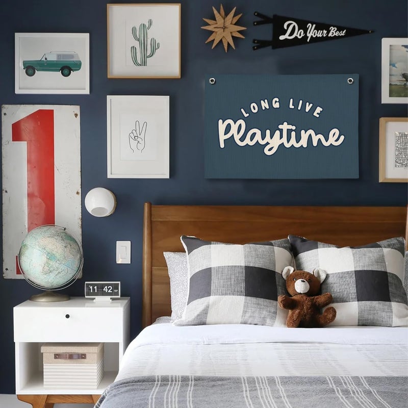 ShowDraven Playroom Decor for Boy, Long Live Playtime Wall Hanging Linen Banner, Blue Striped Wall Flag for Kids Room Nursery Playroom Decor, 20x30 Inch-Navy Blue - Image 4